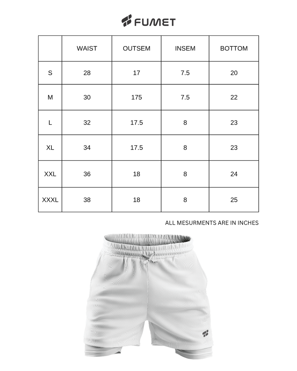 Size Chart for Men's Elite 2 in 1 Compression Shorts Navy