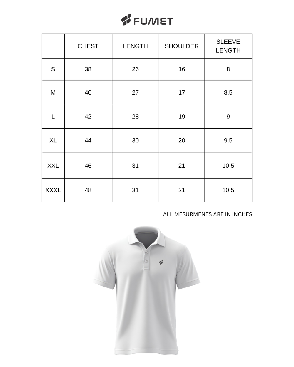 Size Chart for Men's Classic Half Sleeve Polo T-shirt Pine Green
