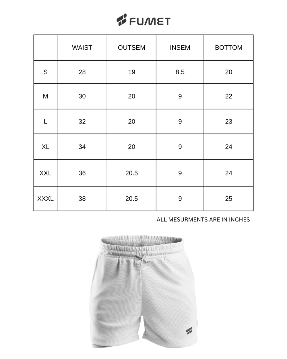 Size Chart for Men's Zuric Shorts Olive