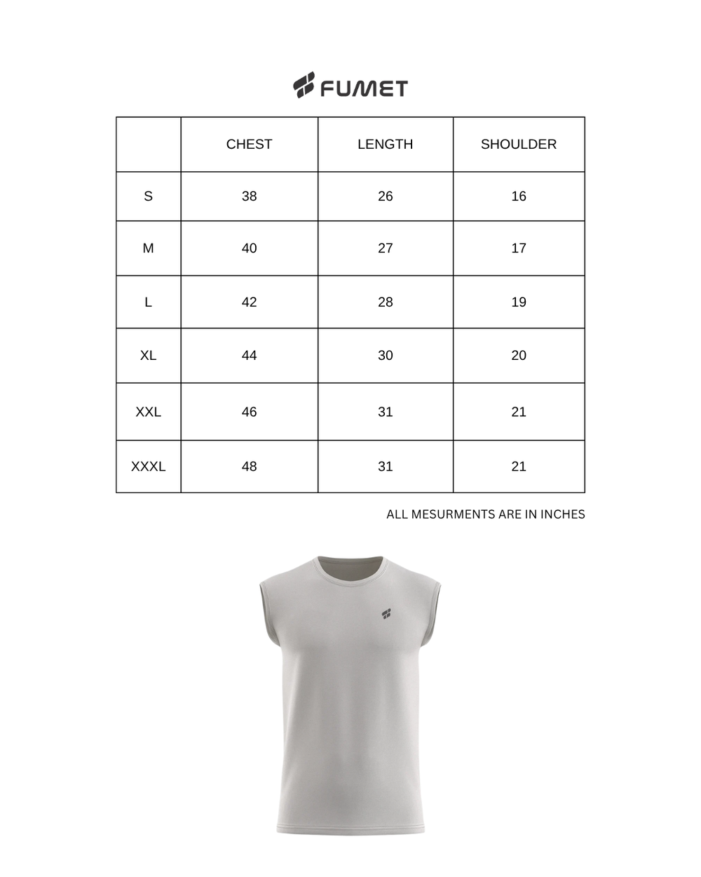 Size Chart for Men's Apex Sleeveless T-shirt Black