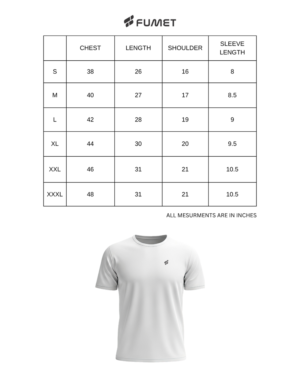 Size Chart for Men's Apex Half Sleeve T-shirt Off-White